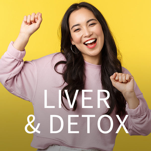 woman exclaims with yellow background liver and detox in white font