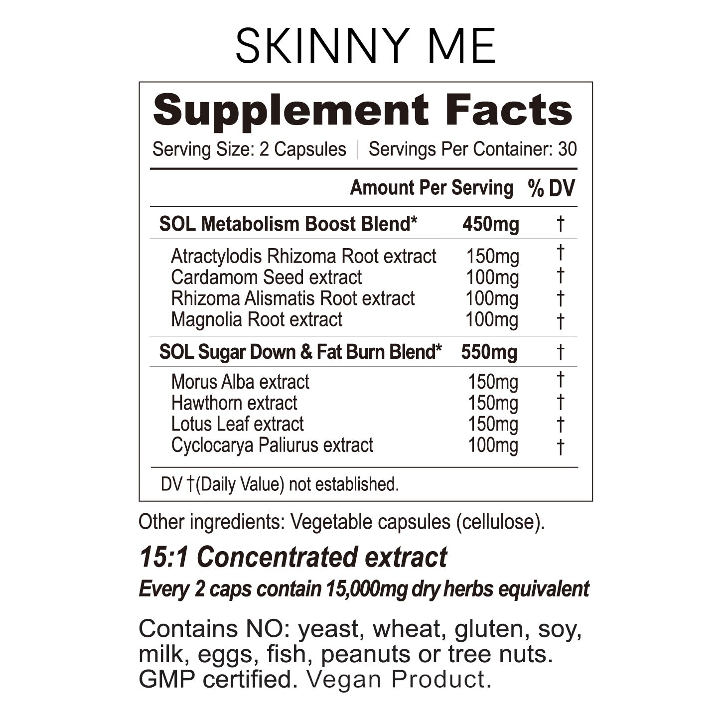 Skinny Me - Natural Weight Loss Supplement Facts - SOL Nutrition